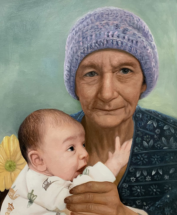 Personalized oil artwork of a grandmother and a grandchild