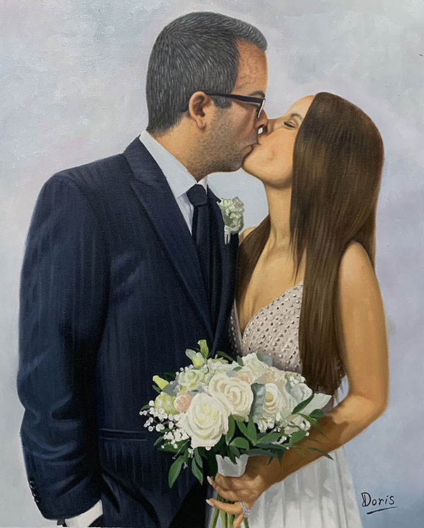 Beautiful oil painting of a bride and a groom