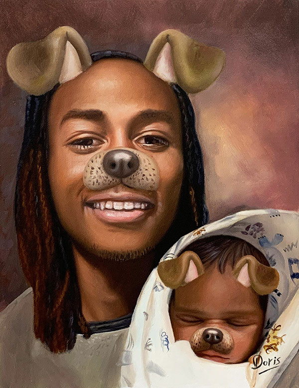 Custom handmade oil artwork of a father and son