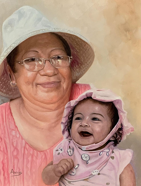 Gorgeous oil painting of a grandmother and a granddaughter