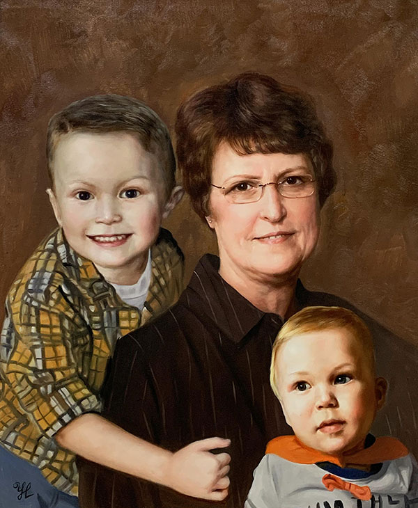 Beautiful oil artwork of a grandmother with two grand kids