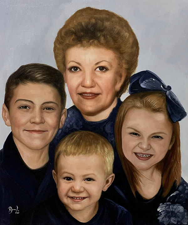 Gorgeous oil painting of a grandmother with kids