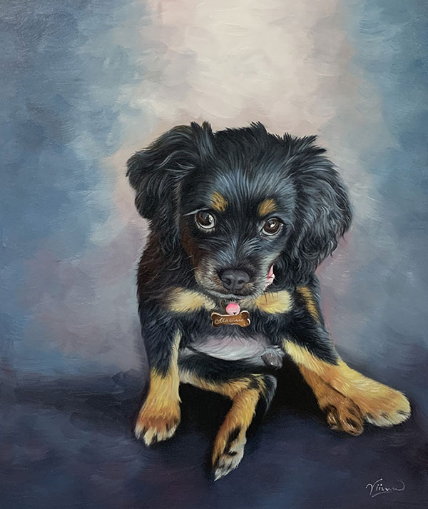Beautiful oil painting of a puppy with a solid background