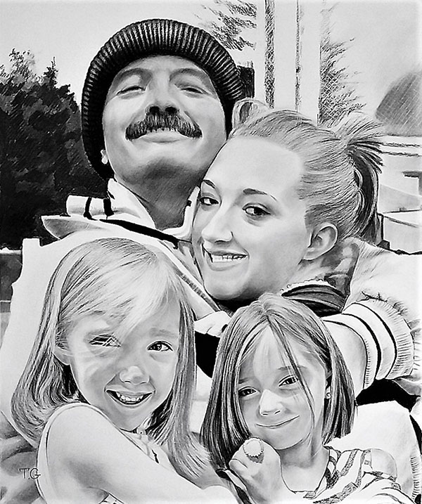 Beautiful handmade charcoal painting of a happy family