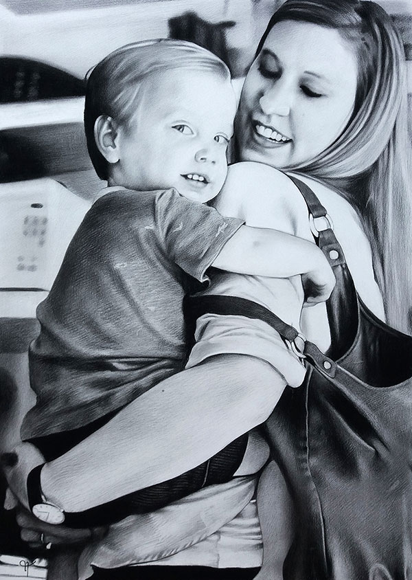 Beautiful handmade charcoal painting of a mother and child