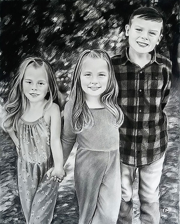 Beautiful charcoal painting of three kids
