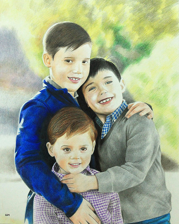 Beautiful color pencil painting of three kids