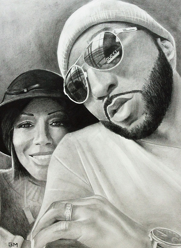 Gorgeous handmade black pencil artwork of a couple