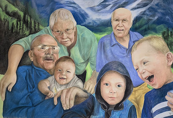 Beautiful color pencil painting of a loving family
