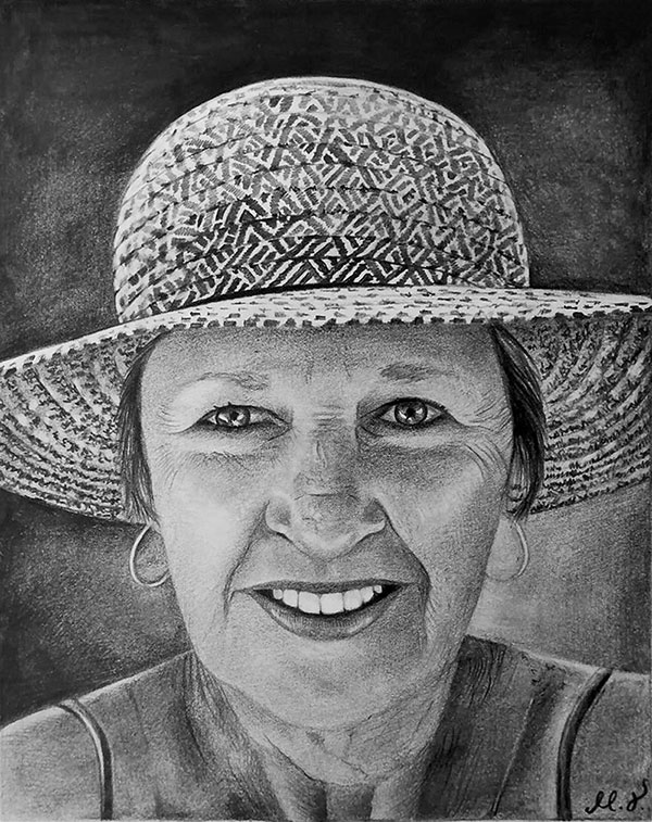 Gorgeous handmade black pencil portrait of a woman with hat