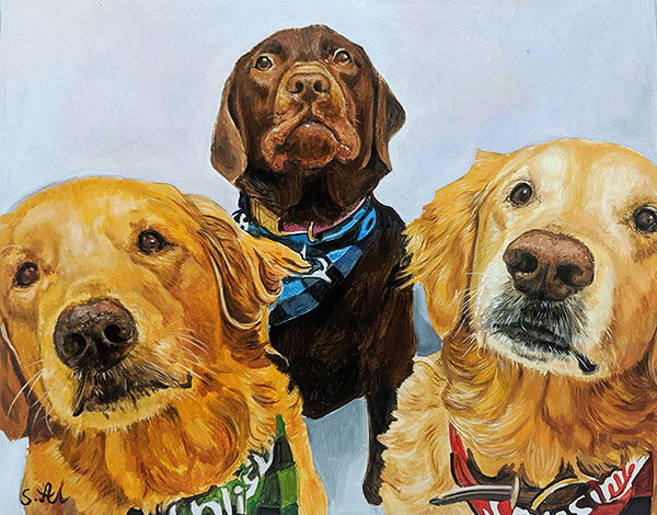 Custom oil artwork of three dogs with a solid background