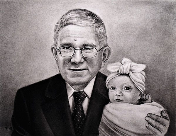 Beautiful charcoal painting of a grandfather with a baby