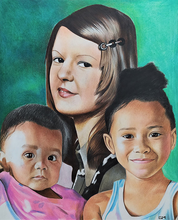 Beautiful color pencil painting of a family