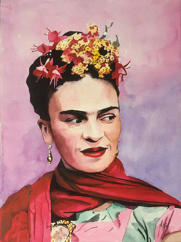 Gorgeous watercolor painting of Frida Kahlo
