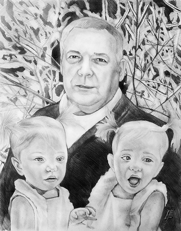 Custom black pencil painting of a grandfather with kids