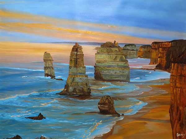 Beautiful oil painting landscape sunset sea crimson
