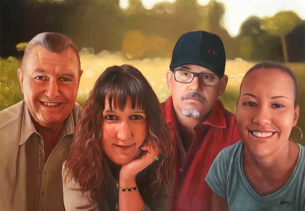 a custom oil paintng of a family in the field