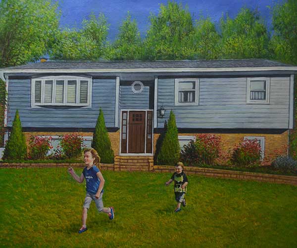 Handmade oil painting of hcildren painting near house