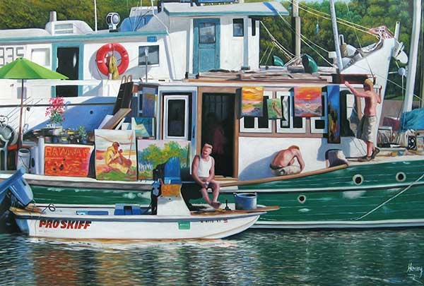 Custom oil handmade painting of a boat in the bay