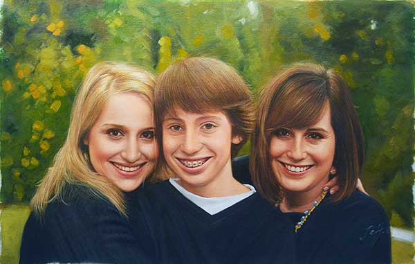 a custom oil paintng of a family outdoors