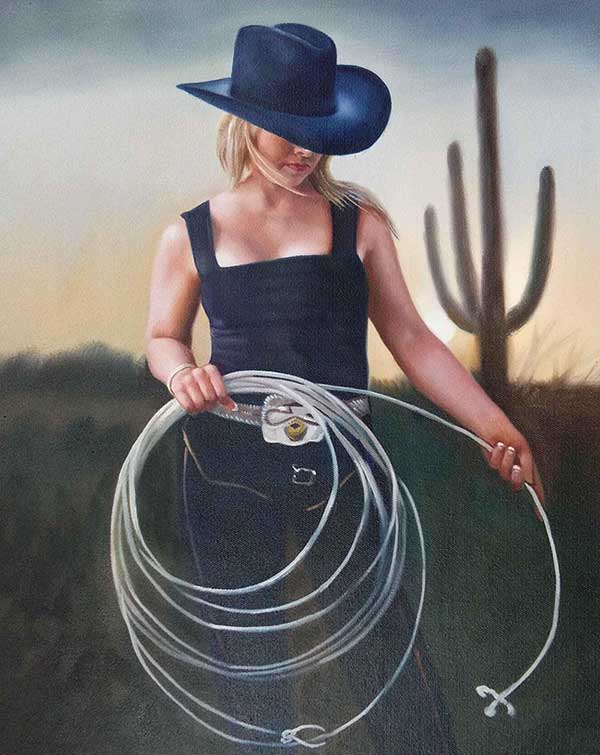 oil painting on canvas of cowgirl with lasso near cacti