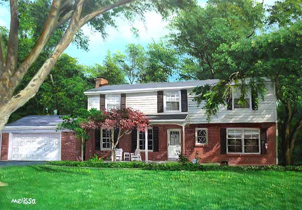 Handmade oil painting brick and white wood home