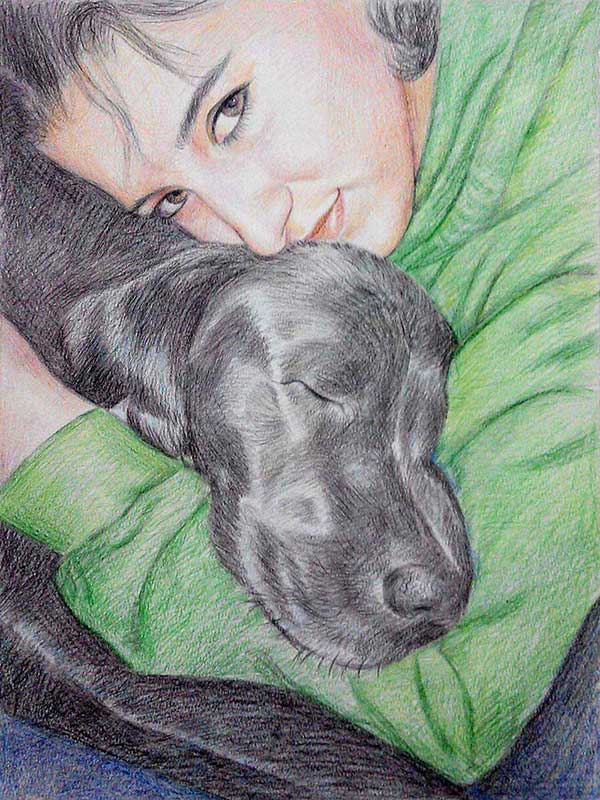 color pencil portrait of dog and woman