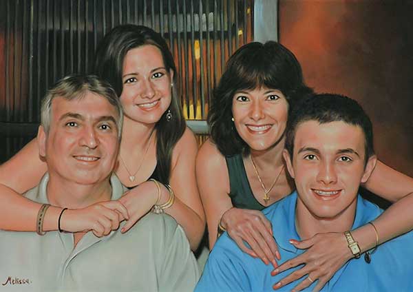 a custom oil painting of family in the restourant