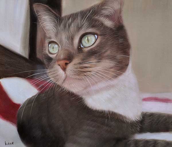 custom oil painting of a grey cat with light green eyes