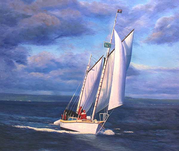 Custom oil handmade painting of an yacht with open sails
