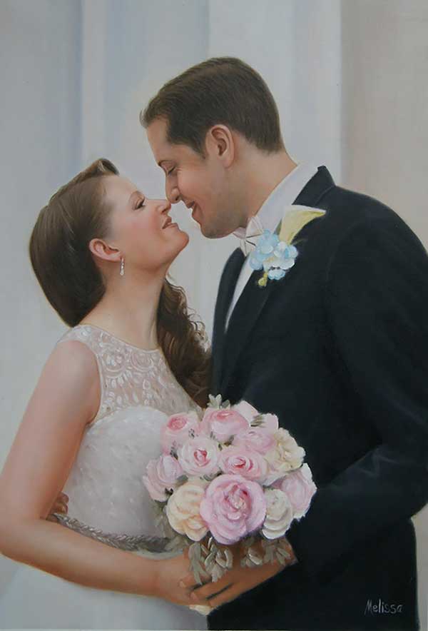 an oil paniting of a wedding couple with light pink flowers
