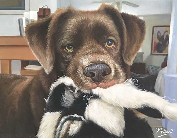 oil painting dog playing with a cow toy