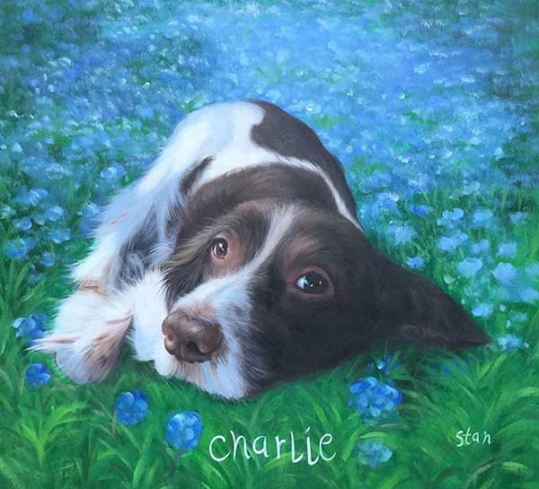 Oil painting of a cute dog laying in a field of blue flowers