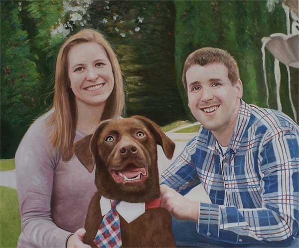Happy family and a goofy brown dog