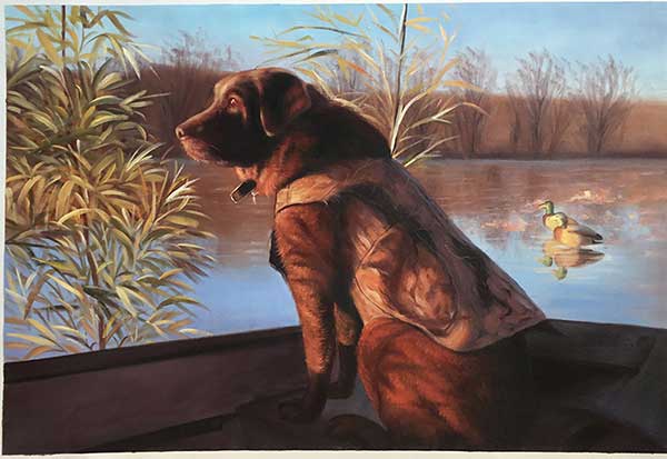 oil painting portrait landscape dog dawn lake