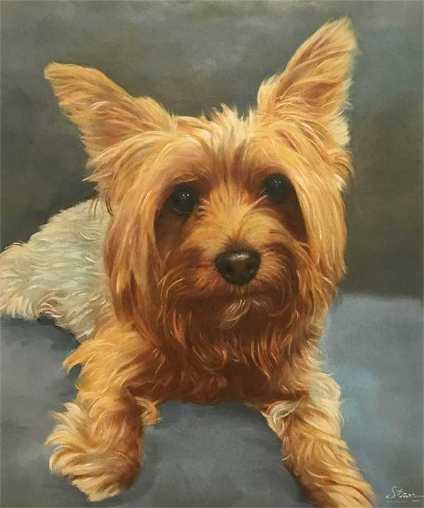 an oil painting of a brown tiny dog with pointy ears