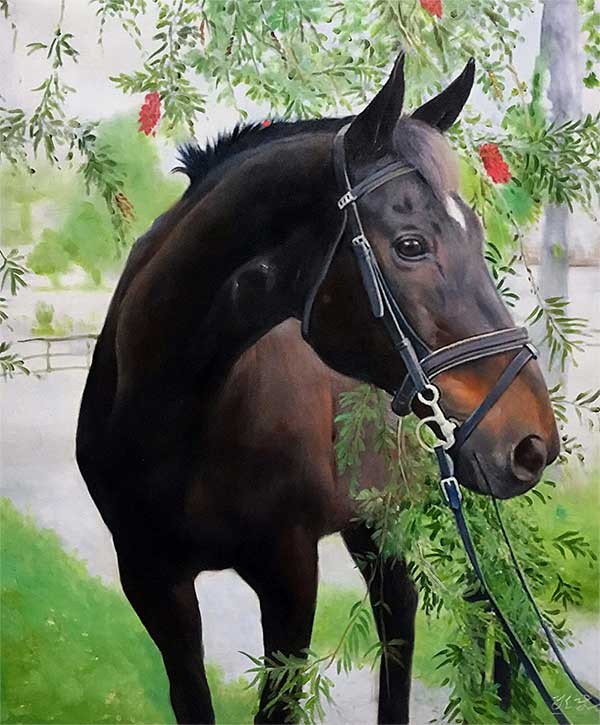 an oil painting of a horse in a garden