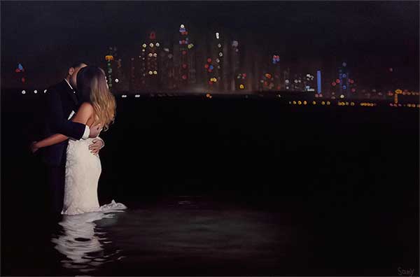 a beautiful painting of romantic couple in lake by night
