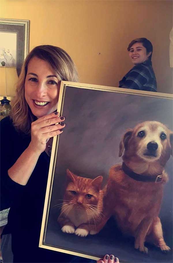 A beautiful oil painting of a dog and a cat