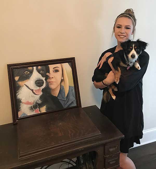 an oil painting of a corgi and a girl