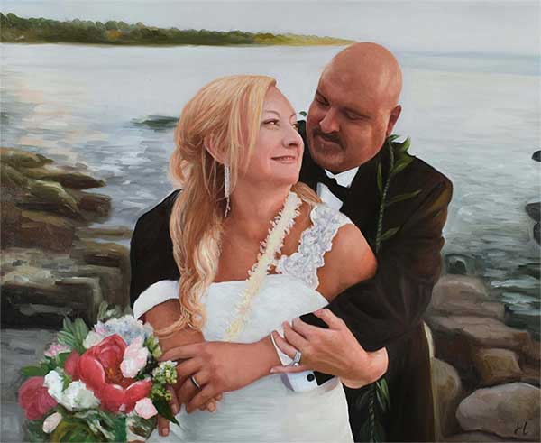 a beautiful oil painting of a couple at their wedding by the beach