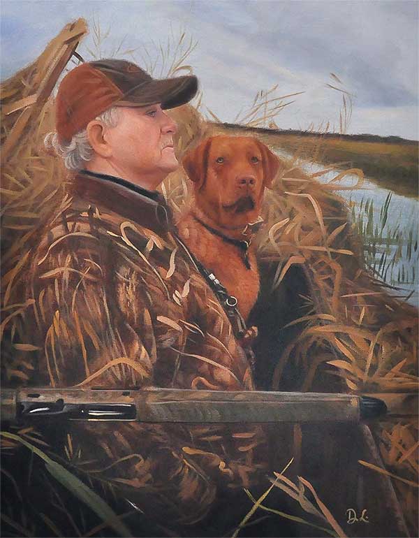 an oil painting of a man and his dog in the wild by the lake