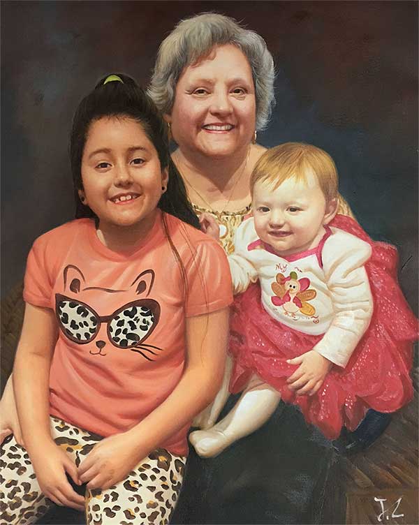 an oil painting of a grandmother and kids together
