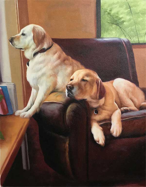 an oil painting of two white labs relaxing in the coach
