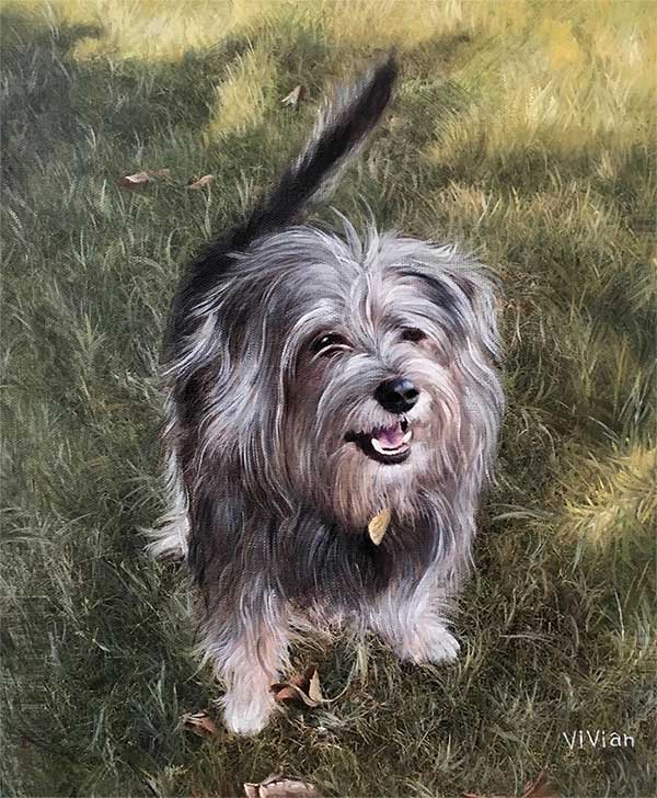 an oil painting of a grey dog in the green field