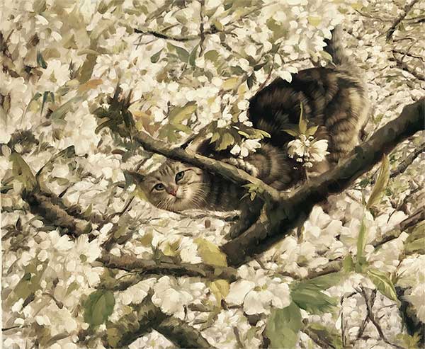 an oil painting of a cat in the tree yellow autumn