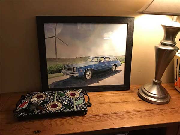 an watercolor painting of an old blue car road