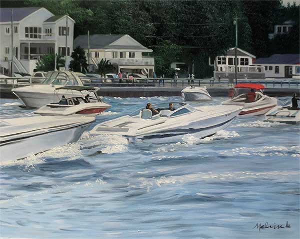 an oil painting of many boats near the seaport