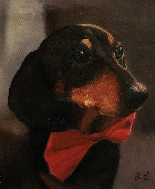 an acrylic painting of dutch hound with a red bow