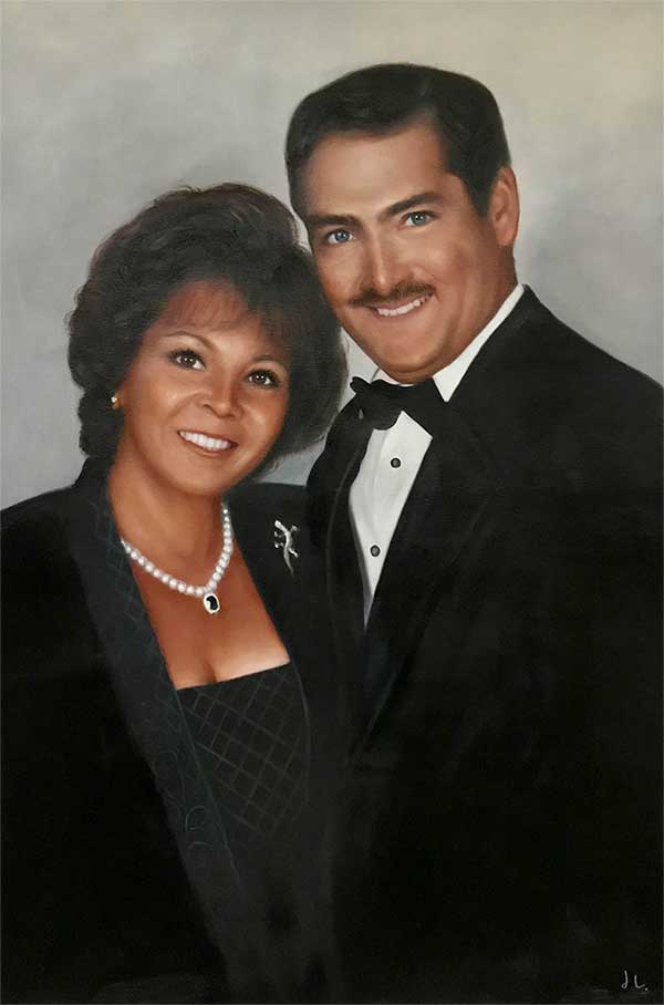 an oil painting of couple smiling classy